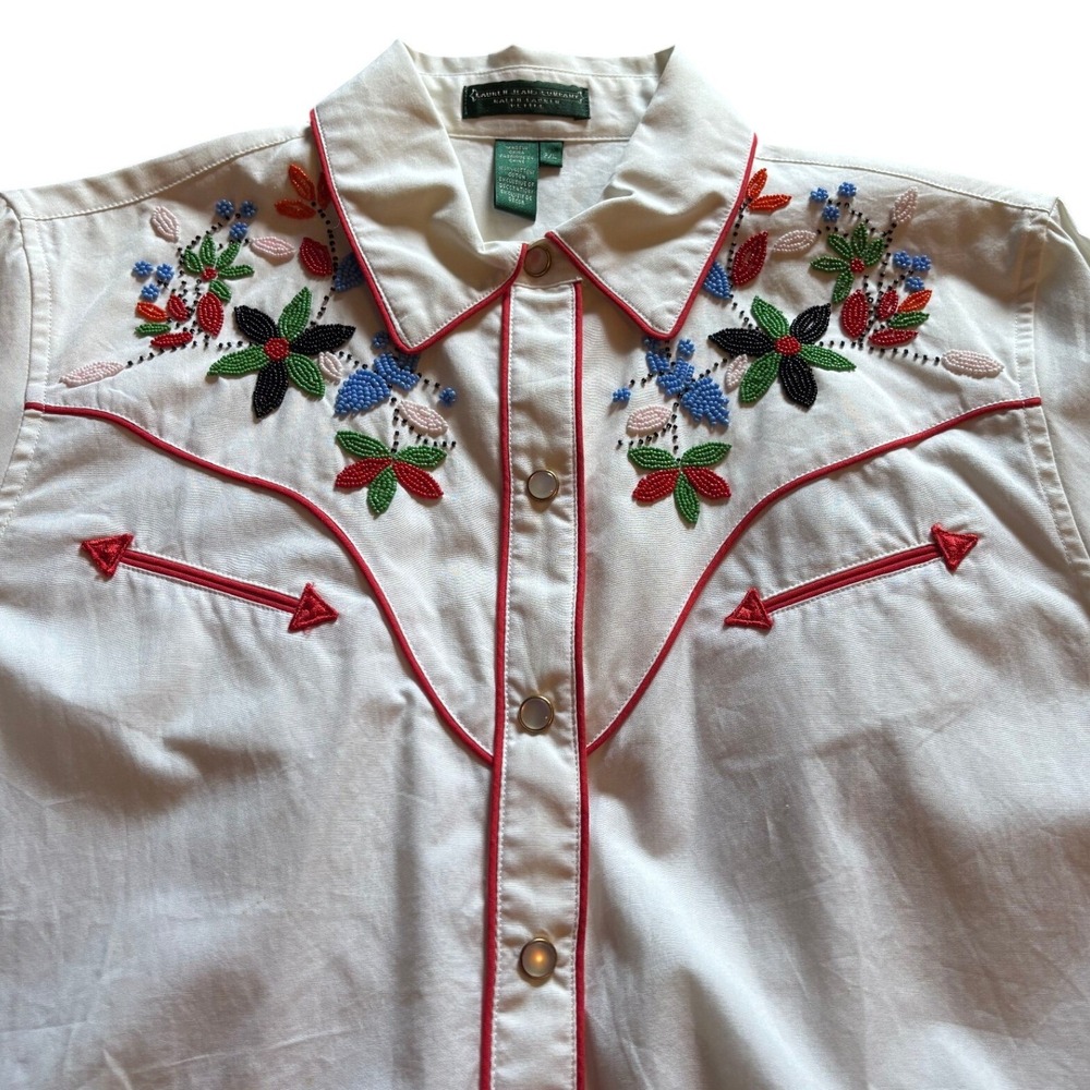 Lauren Ralph Lauren Western Shirt White Beaded Embroidered Pearl Snap Petite L - Picture 11 of 16
